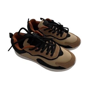 Womens Low Top Colorblock Sneakers Tan Black Brown Faux Leather Trainers 36/ 5.5